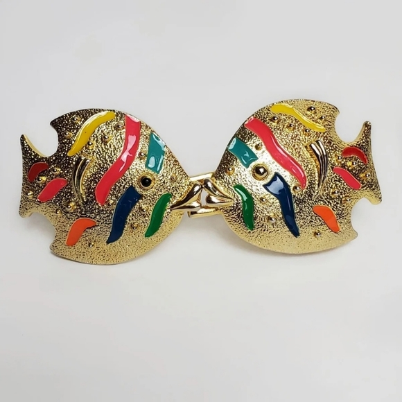 Vintage Accessories - Vintage Mimi Di N Belt Buckle Kissing Koi Fish Enamel Gold Tone Colorful 1990s